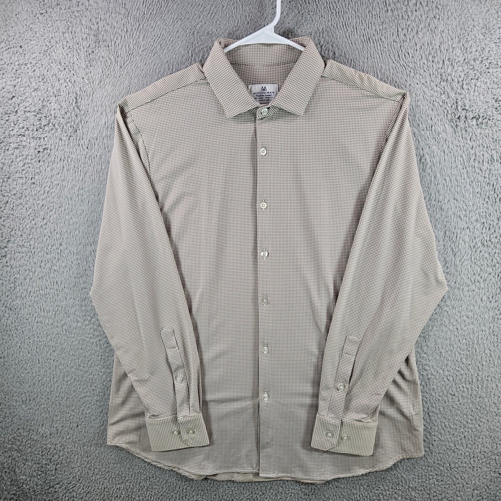 Mizzen+Main Dress Shirt Mens XXL Trim Fit Brown Gingham Performance Stretch L/S
